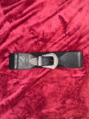 Black Stretch Waist Belt with Crystal Buckle